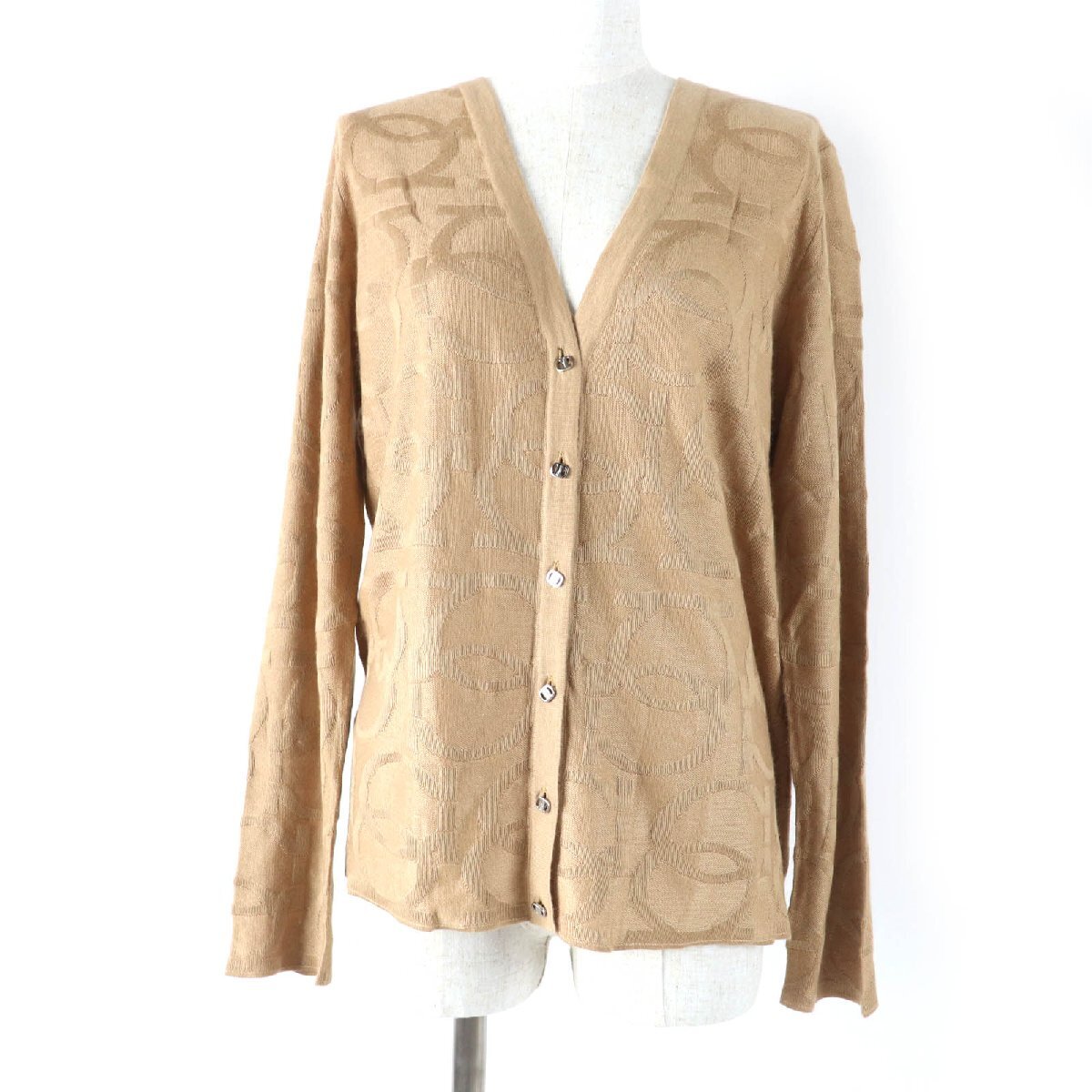  не использовался товар * Salvatore Ferragamo кашемир шелк gun chi-ni общий рисунок vala кнопка вязаный кардиган бежевый XL стандартный товар женский 