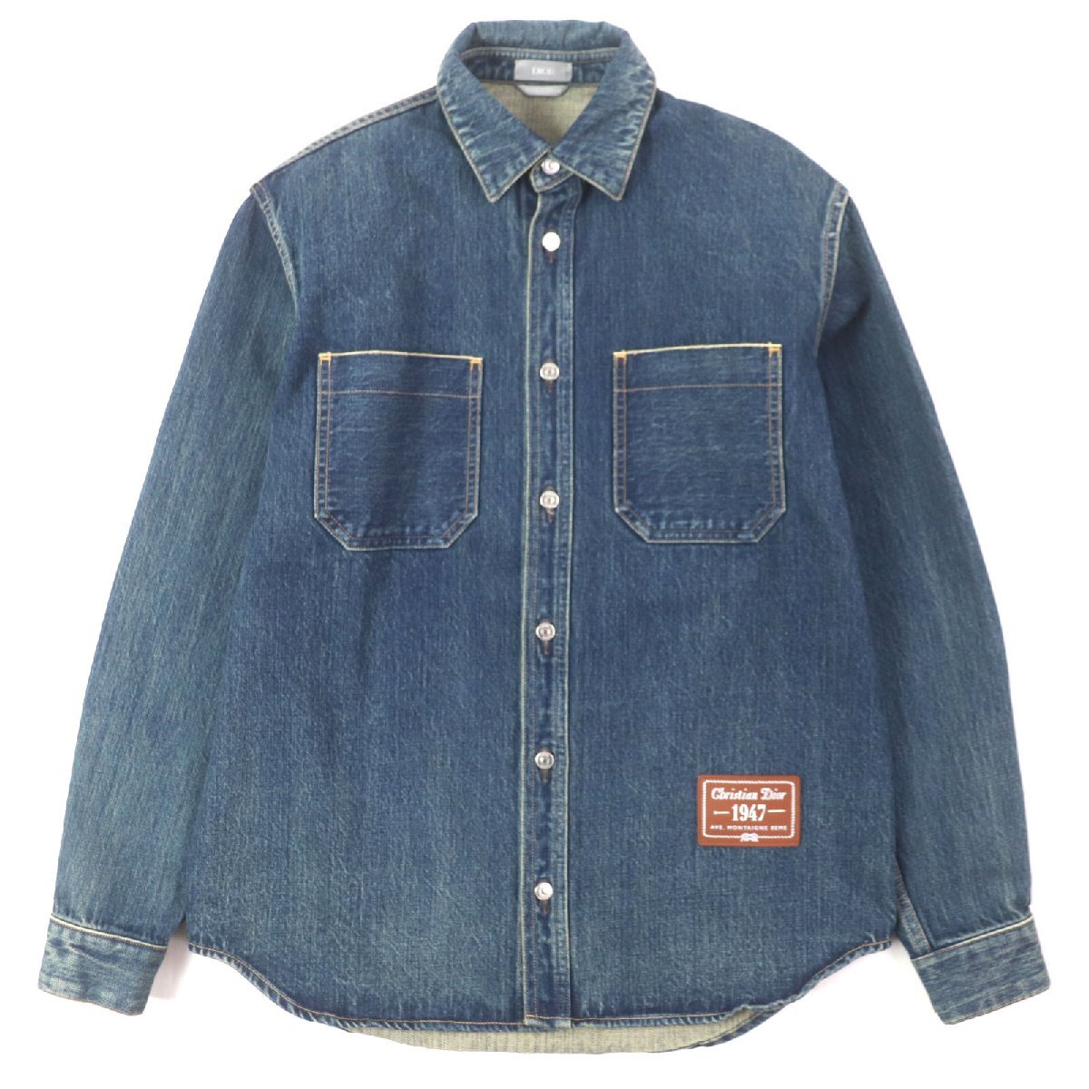 美品▼DIOR ディオール オム 22AW 113D585BY513 レザーロゴパッチ付き ウォッシュ加工 デニムジャケット インディゴ 38 正規(guī)品 メンズ