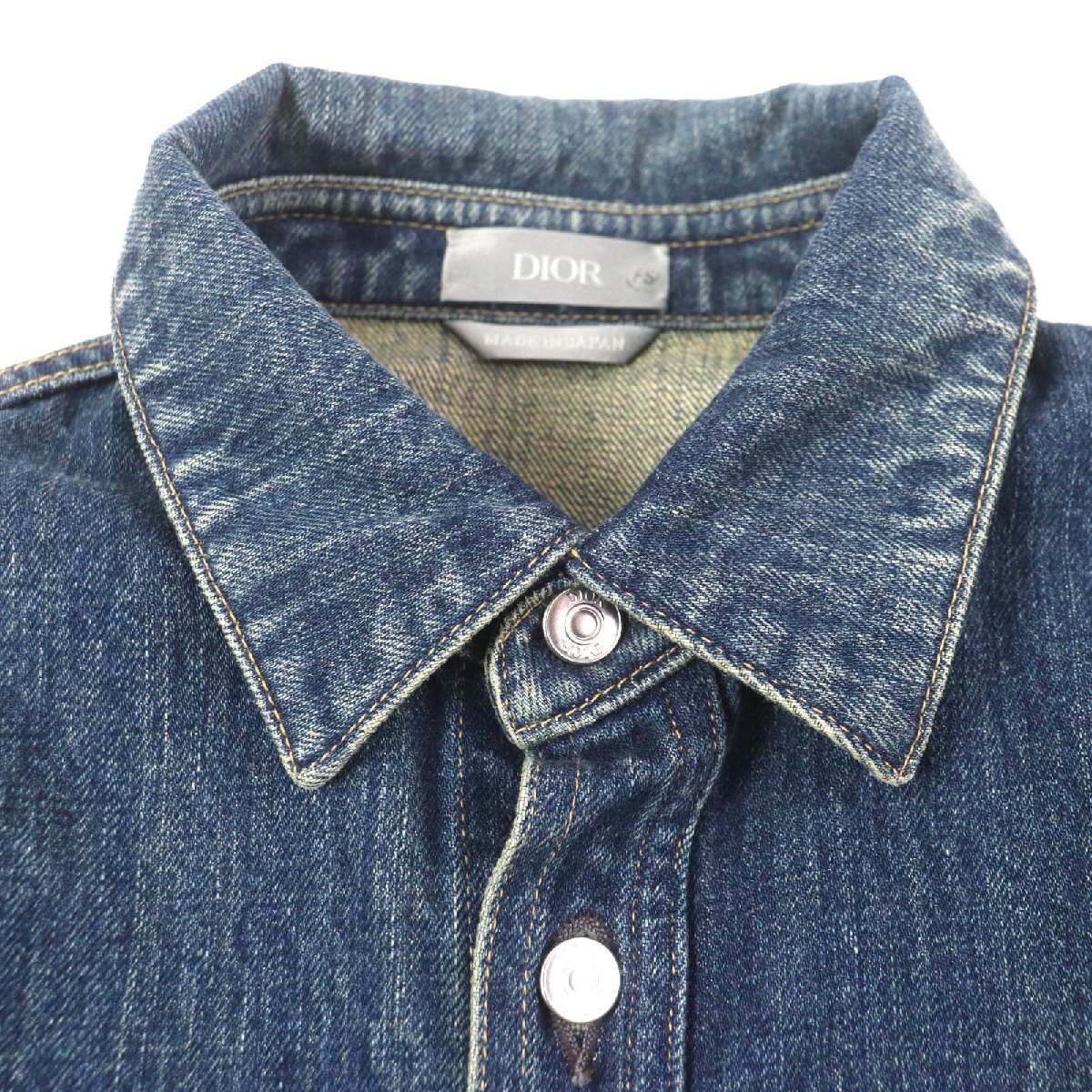 美品▼DIOR ディオール オム 22AW 113D585BY513 レザーロゴパッチ付き ウォッシュ加工 デニムジャケット インディゴ 38 正規(guī)品 メンズ