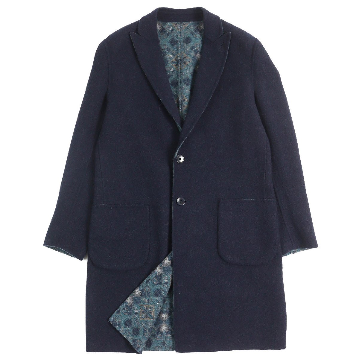 美品△ETRO エトロ 22AW ウール100％ ロゴボタン 無地 総柄 リバーシブル シングル チェスターコート ネイビー ブルー系 50 伊制 正規(guī)品