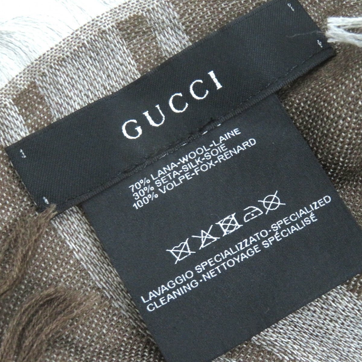 GUCCI グッチ　ファー付きショール ストール　ブラック　グレー 美品△GUCCI グッチ 254017 ウール シルク フォックスファー GG
