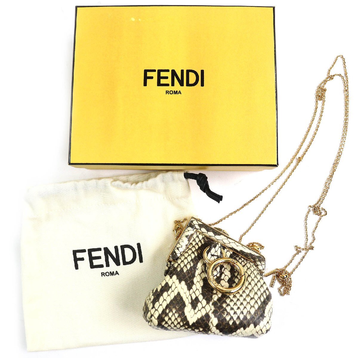 未使用品△FENDI フェンディ FIRST NANO ファースト ナノ パイソン チェーン付き がま口 ポーチ ブラウン ベージュ系 袋付き レディース