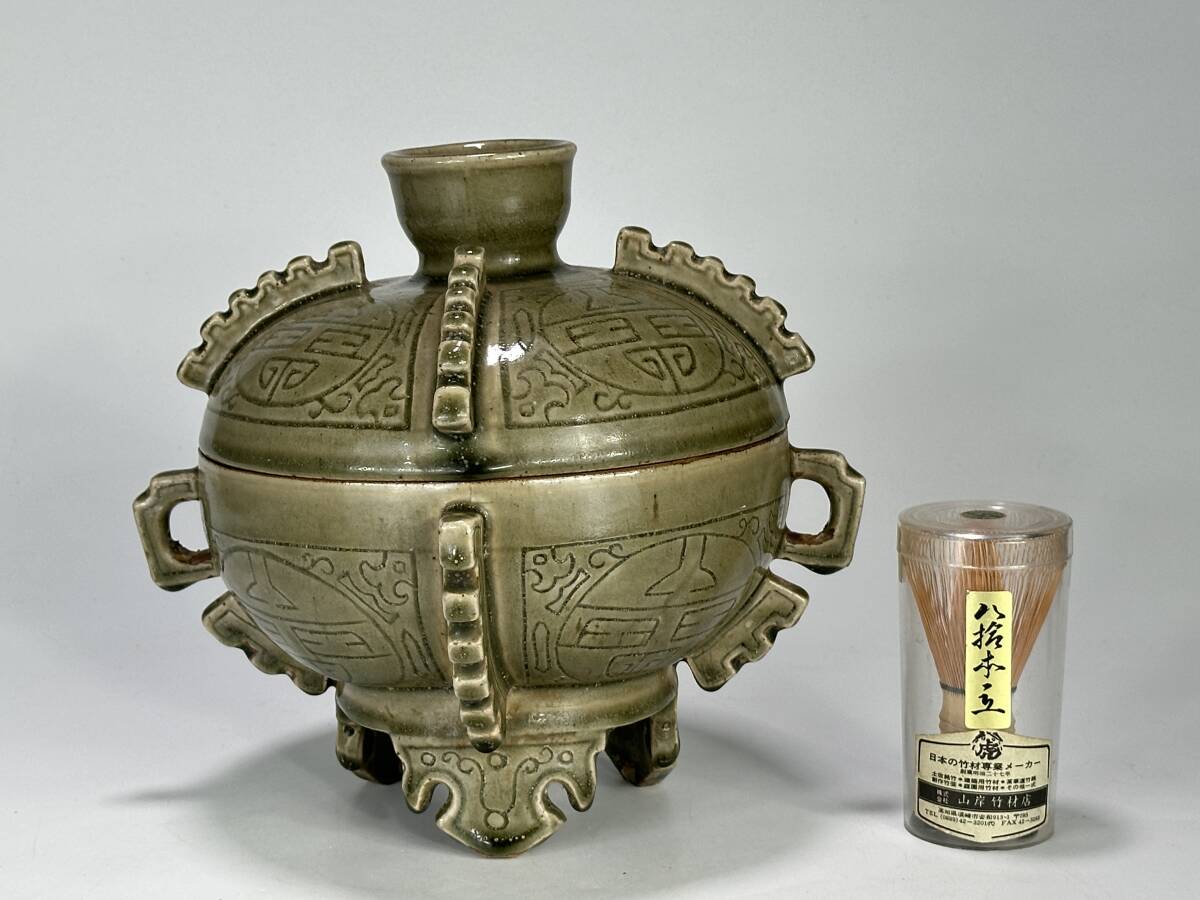 UA10-7 中国美術 青磁 倣青銅器 蓋物 鼎 唐物 時代物 古物 (青磁 UA10-7 中国美術 青磁 倣青銅器 蓋物 鼎 唐物 時代物 古物 (青磁