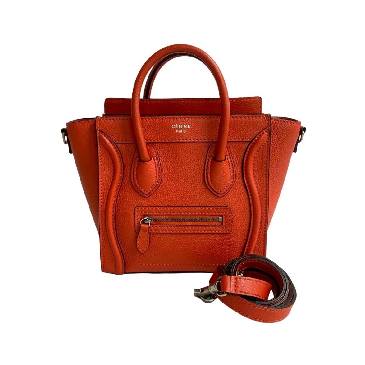 未使用保管品 袋付 CELINE セリーヌ ラゲージ ナノショッパー レザー 本革 2way ハンドバッグ ショルダーバッグ オレンジ 朱色 16650