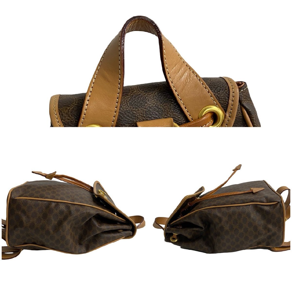 極 美品 CELINE セリーヌ マカダム ブラゾン トリオンフ 柄 ロゴ リング金具 レザー リュックサック デイパック ブラウン 茶 43496_画像6