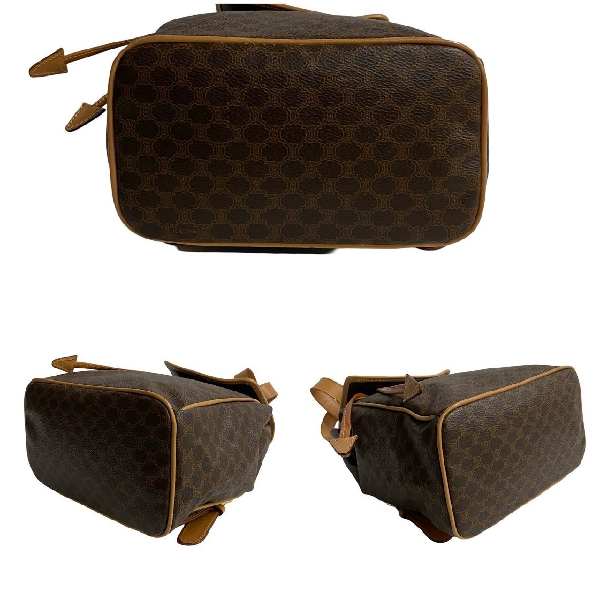 極 美品 CELINE セリーヌ マカダム ブラゾン トリオンフ 柄 ロゴ リング金具 レザー リュックサック デイパック ブラウン 茶 43496_画像7