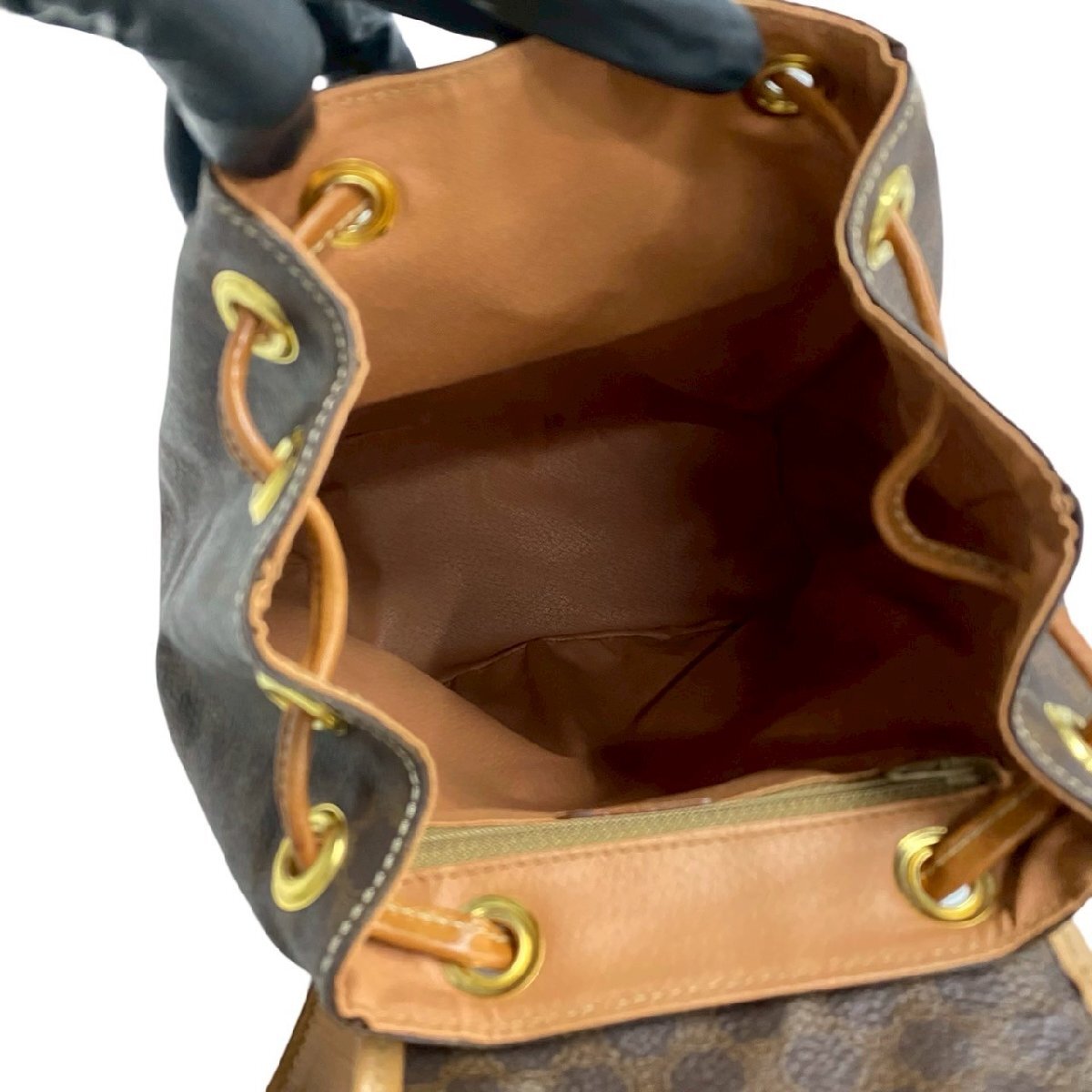 極 美品 CELINE セリーヌ マカダム ブラゾン トリオンフ 柄 ロゴ リング金具 レザー リュックサック デイパック ブラウン 茶 43496_画像9