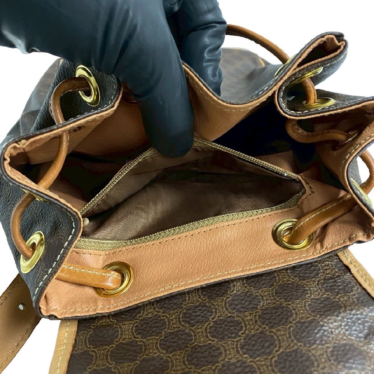 極 美品 CELINE セリーヌ マカダム ブラゾン トリオンフ 柄 ロゴ リング金具 レザー リュックサック デイパック ブラウン 茶 43496_画像10