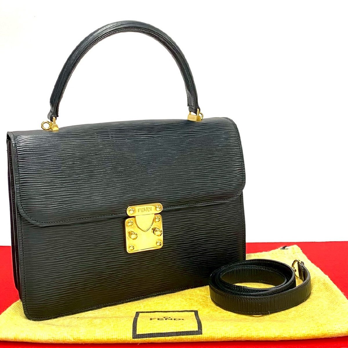極 美品 袋付き FENDI フェンディ ヴィンテージ FF ロゴ 金具 エピ レザー 本革 2way ハンドバッグ ショルダーバッグ ブラック 47166