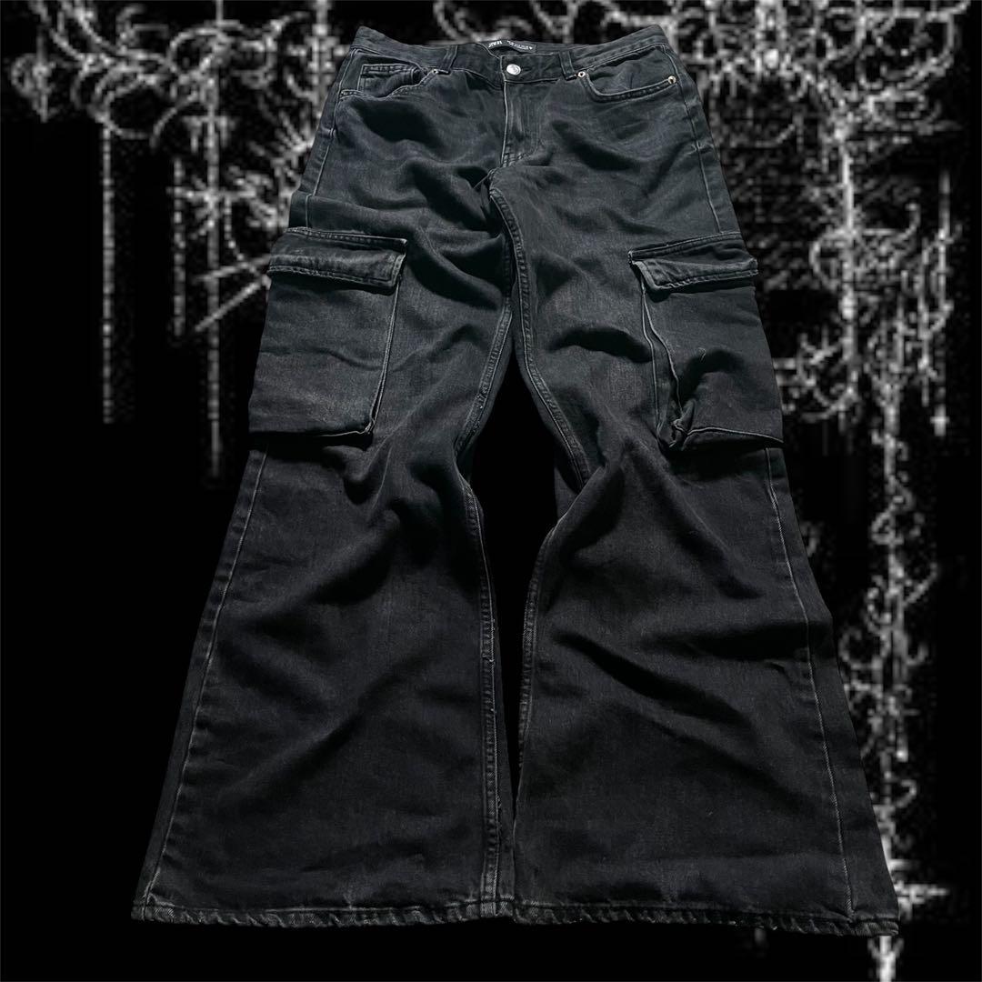 y2k opium ZARA ブラックデニム カーゴパンツ 鬼フレア 裾広 y2k opium ZARA ブラックデニム カーゴパンツ 鬼フレア 裾広