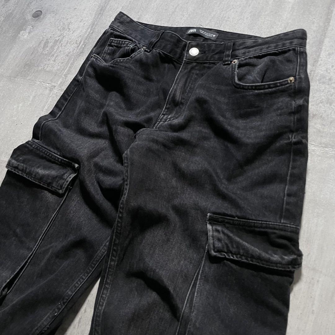 y2k opium ZARA ブラックデニム カーゴパンツ 鬼フレア 裾広