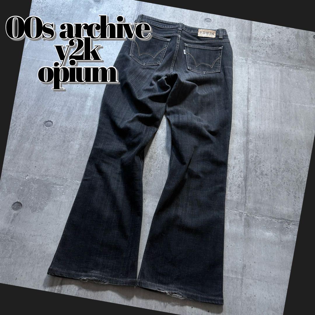 y2k opium フレア ブラックデニムパンツ グランジ00s archive y2k opium フレア ブラックデニムパンツ グランジ00s archive
