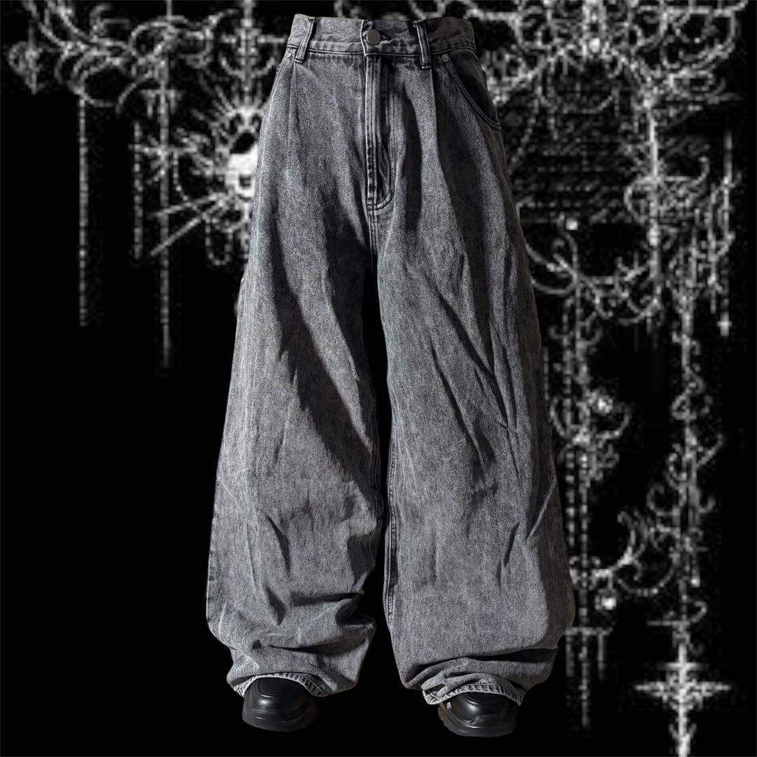 y2k opium ブラックデニム ワイド バギーパンツ 裾広 鬼太 y2k opium ブラックデニム ワイド バギーパンツ 裾広 鬼太