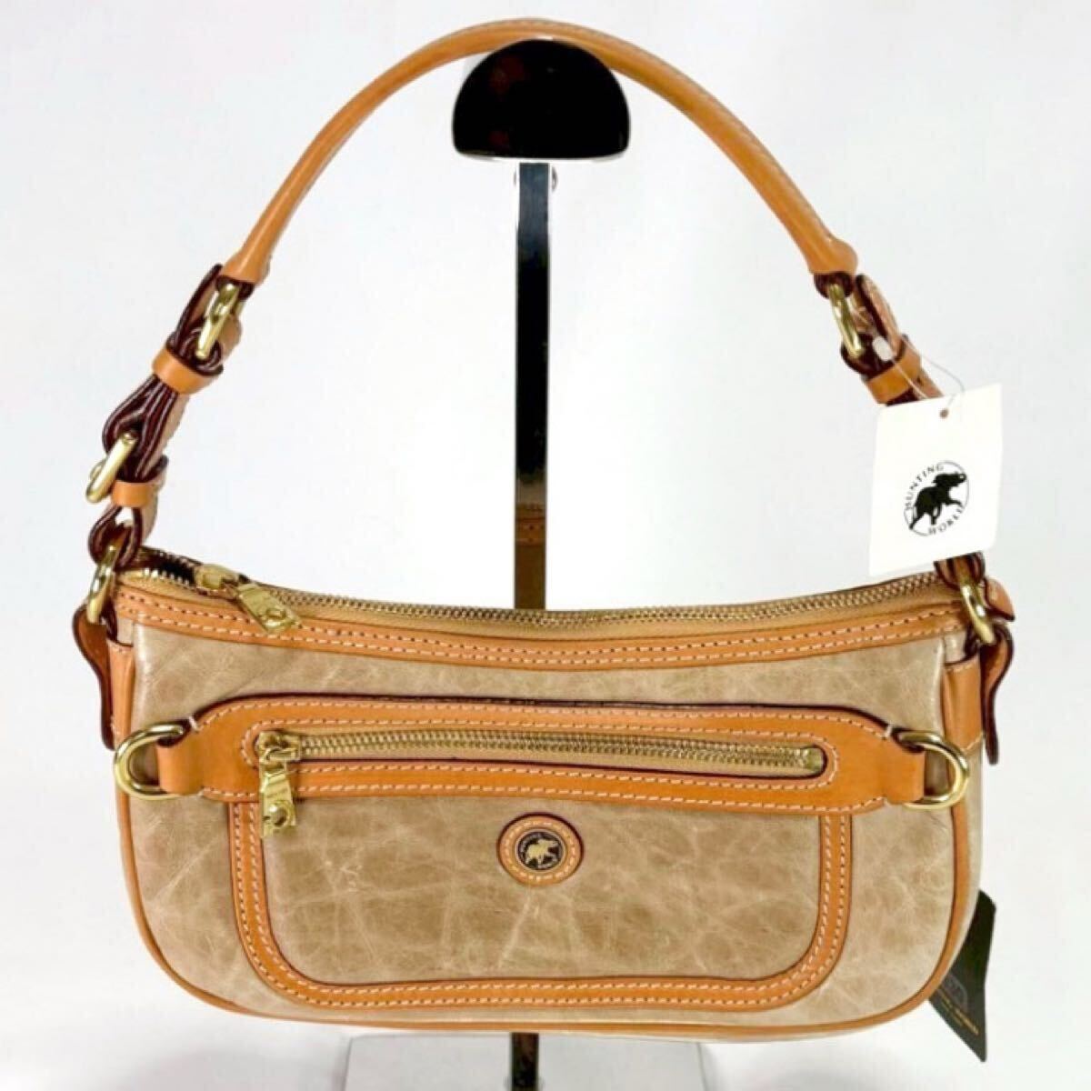 ハンティングワールド アクセサリーポーチ ワンショルダー バチュークロス ミニハンドバッグ HUNTING WORLD ベージュ レザー_画像2