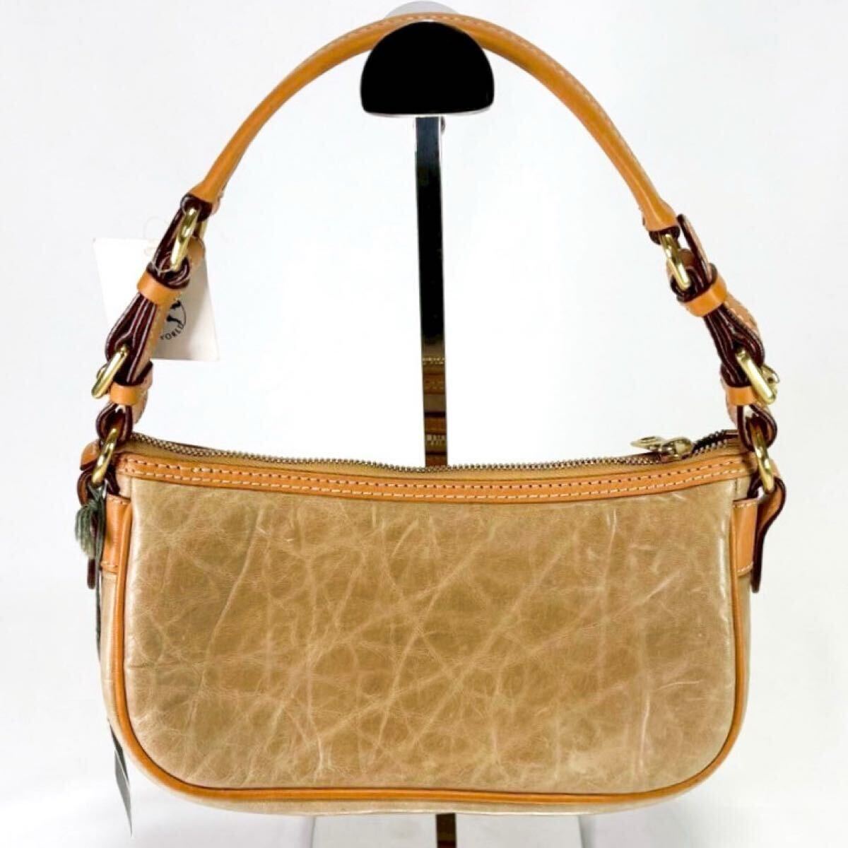 ハンティングワールド アクセサリーポーチ ワンショルダー バチュークロス ミニハンドバッグ HUNTING WORLD ベージュ レザー_画像3