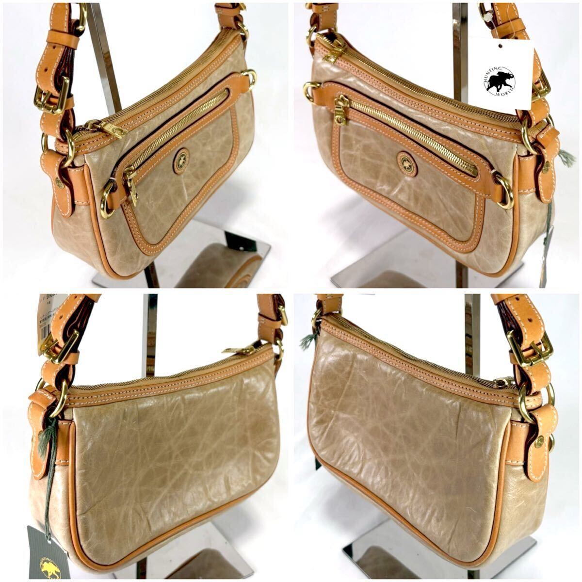 ハンティングワールド アクセサリーポーチ ワンショルダー バチュークロス ミニハンドバッグ HUNTING WORLD ベージュ レザー_画像5