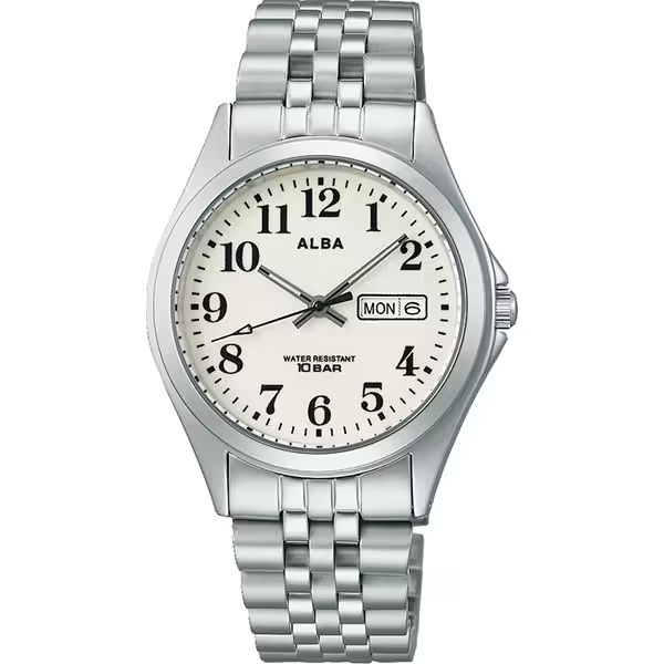 送料無料★特価 新品★SEIKO セイコー ALBA アルバ AQGK470 シルバー メタルバンド 全面夜光文字盤 10気圧防水 デイデイト メンズ腕時(shí)計(jì)