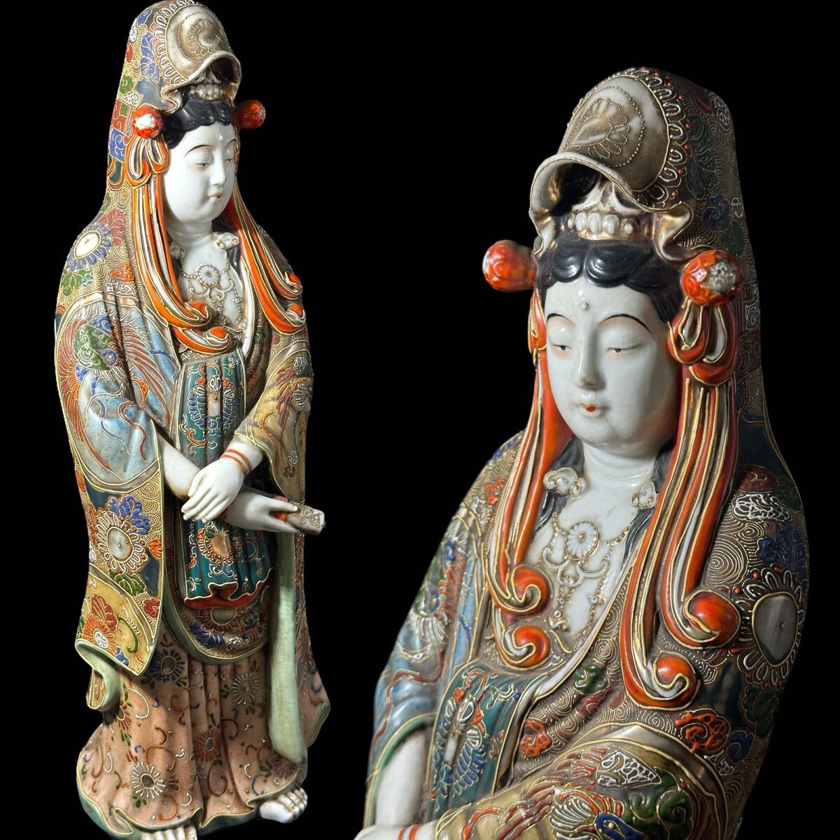 時代九谷焼 色絵金彩観音菩薩立像 緻密絵付 鳳凰瑞祥紋 古九谷 時代九谷焼 色絵金彩観音菩薩立像 緻密絵付 鳳凰瑞祥紋 古九谷