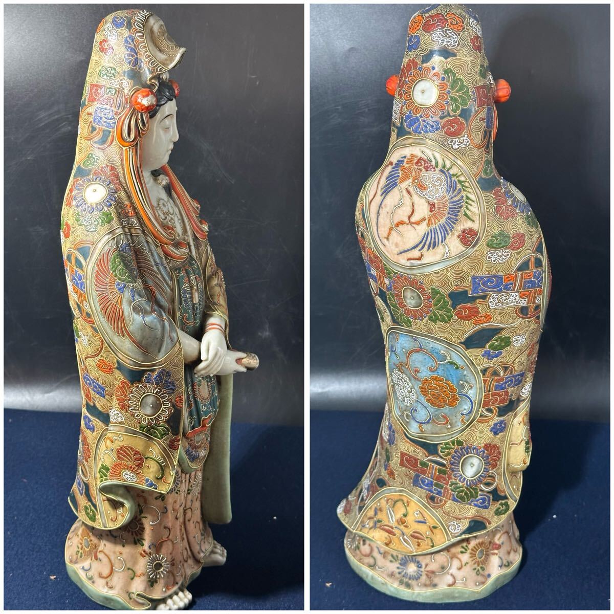 時代九谷焼 色絵金彩観音菩薩立像 緻密絵付 鳳凰瑞祥紋 古九谷 時代九谷焼 色絵金彩観音菩薩立像 緻密絵付 鳳凰瑞祥紋 古九谷