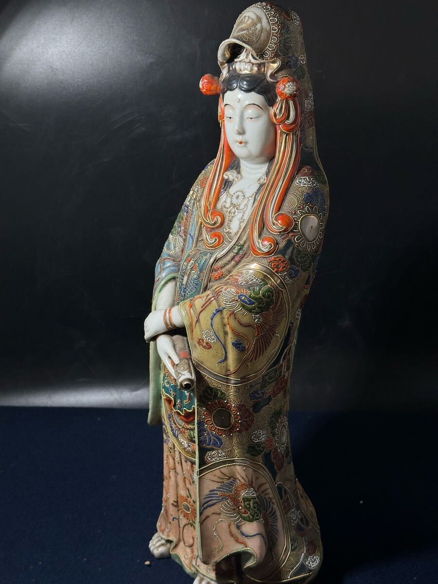 時代九谷焼 色絵金彩観音菩薩立像 緻密絵付 鳳凰瑞祥紋 古九谷 時代九谷焼 色絵金彩観音菩薩立像 緻密絵付 鳳凰瑞祥紋 古九谷