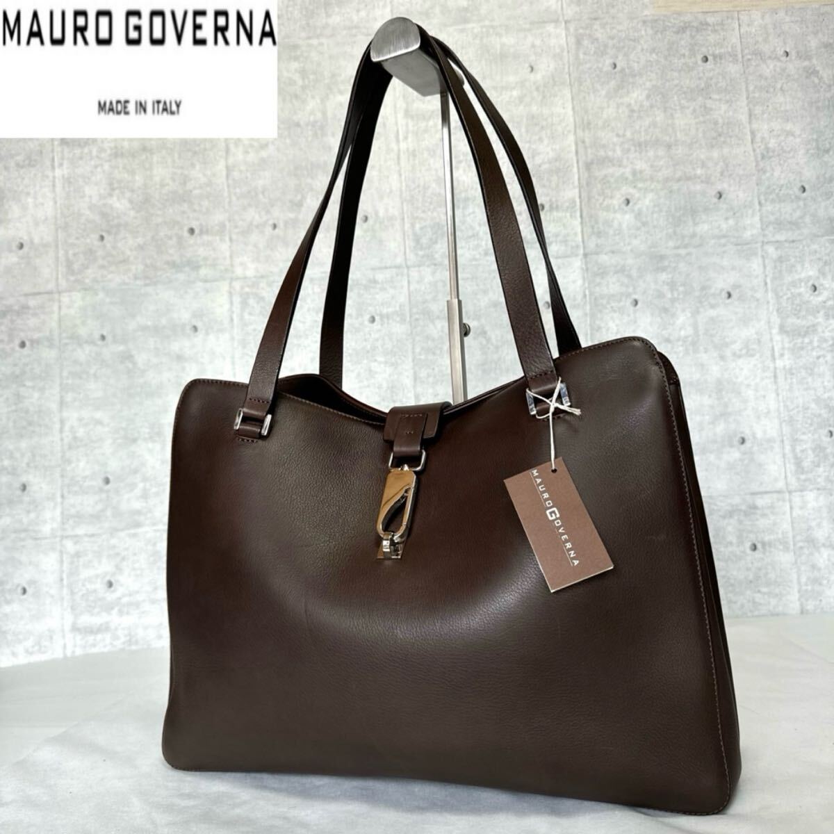 【MAURO GOVERNA】カーフレザー ブラウン シルバー金具 ハンドバッグ MAURO GOVERNA】カーフレザー ブラウン シルバー金具 ハンドバッグ