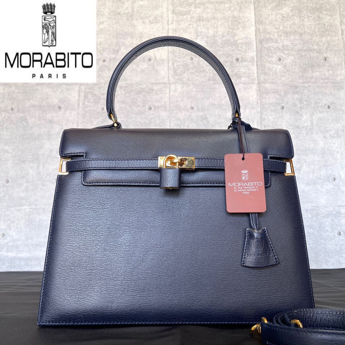 未使用級タグ付き MORABITO モラビト スカラ カーフレザー ネイビー ゴールド金具 チャーム付き 2WAY ハンドバッグ トートバッグ