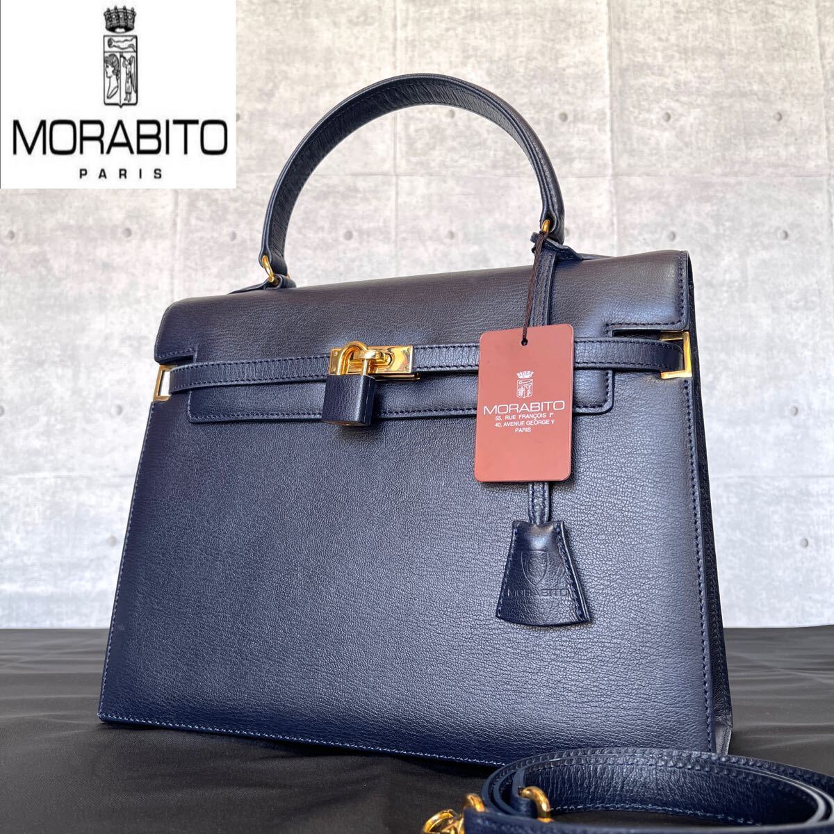 未使用級タグ付き MORABITO モラビト スカラ カーフレザー ネイビー ゴールド金具 チャーム付き 2WAY ハンドバッグ トートバッグ