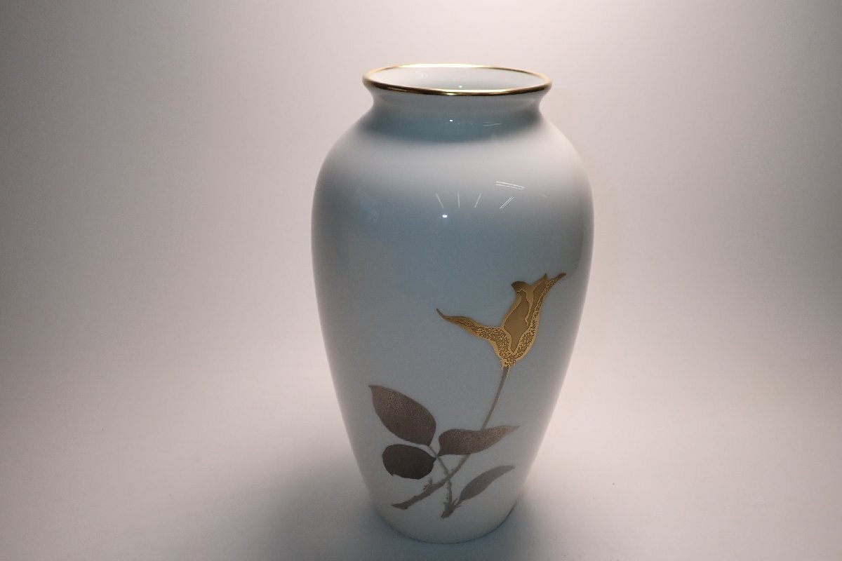 042222 大倉陶園 OKURA 金蝕バラ 花瓶 花器 置物 共箱(大倉陶園 042222 大倉陶園 OKURA 金蝕バラ 花瓶 花器 置物 共箱(大倉陶園