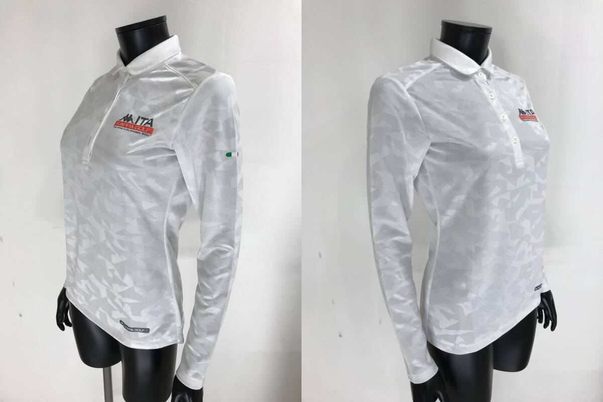 【USED】Kappa カッパ ポリエステル 長袖 ポロシャツ 総柄 ホワイト 白 レディース L ゴルフウェア