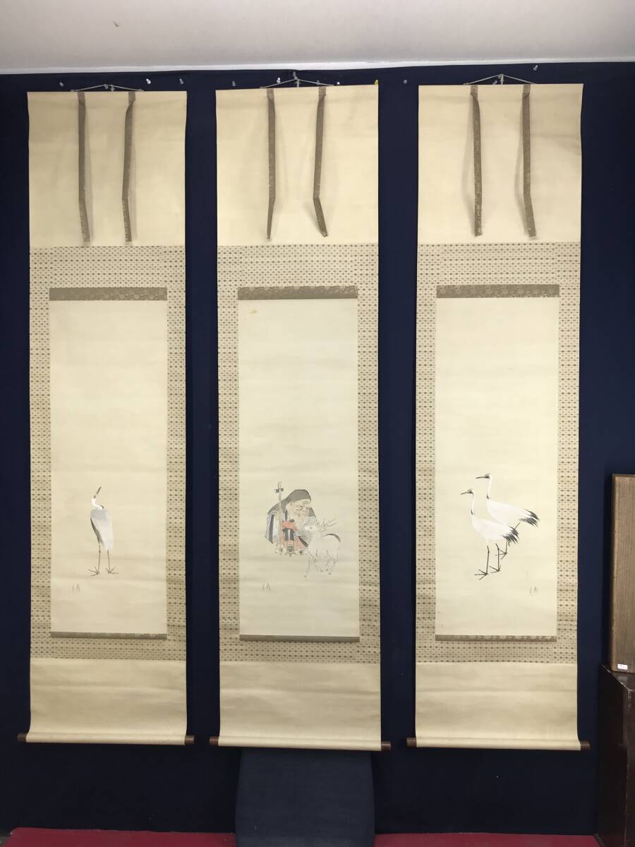 【真作】福寿山長台寺住職/島田皓紀/愛山居/釣人図/掛軸/名家伝来/AB-813 真作/渡辺清/寿老人鹿鶴図/三幅対/人物図/花鳥図/掛軸☆宝船