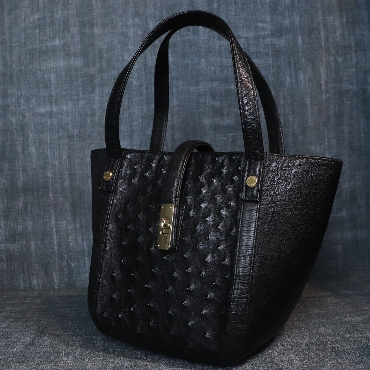 １円スタート オーストリッチ ターンロック バケツ型 ハンドバッグ ダチョウ genuine ostrich 駝鳥 エキゾチックレザー 1スタ