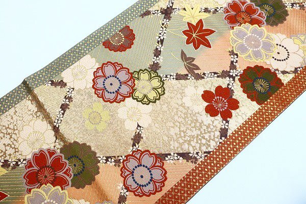 美品 袋帯 薄茶色 柳茶色 ゴールド 桜花 もみじ 六通柄 4m34cn 美品 袋帯 薄茶色 柳茶色 ゴールド 桜花 もみじ 六通柄 4m34cn