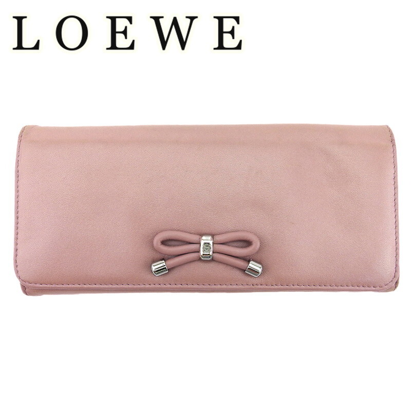 ロエベ 長(zhǎng)財(cái)布 ファスナー付き 財(cái)布 レディース アナグラムマーク リボンモチーフ LOEWE 中古