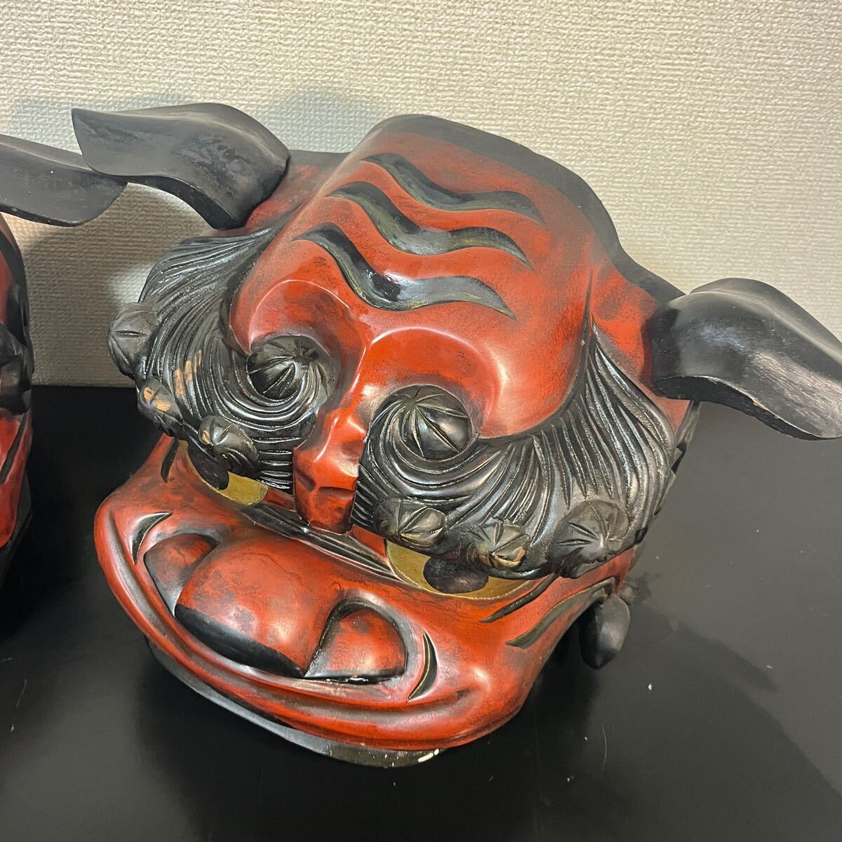 獅子頭 一対 木製 夫婦 雄雌 特大 獅子舞 縁起物 朱塗 家内安全