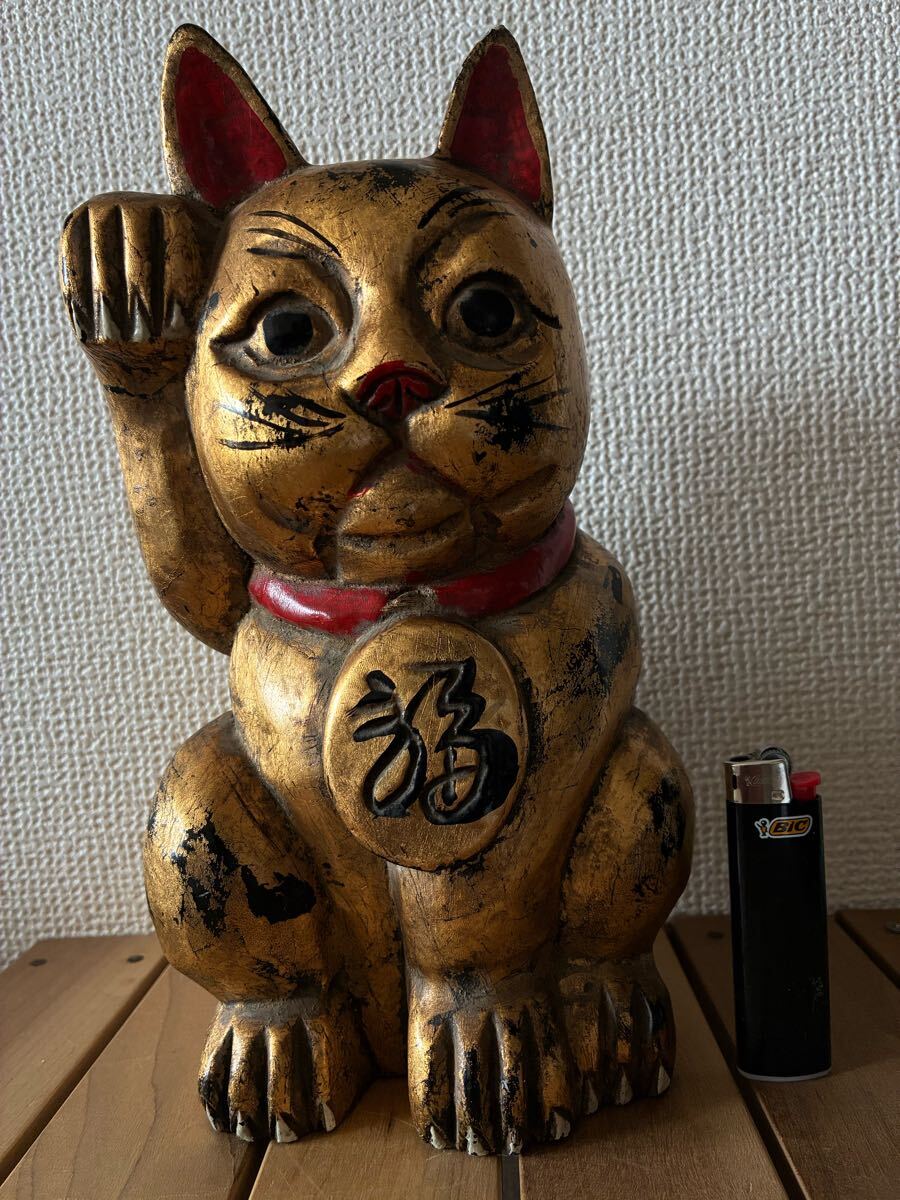 古い 木彫 漆塗り? 黄金 招き猫 置物 骨董 時代物(東洋彫刻 古い 木彫 漆塗り? 黄金 招き猫 置物 骨董 時代物(東洋彫刻
