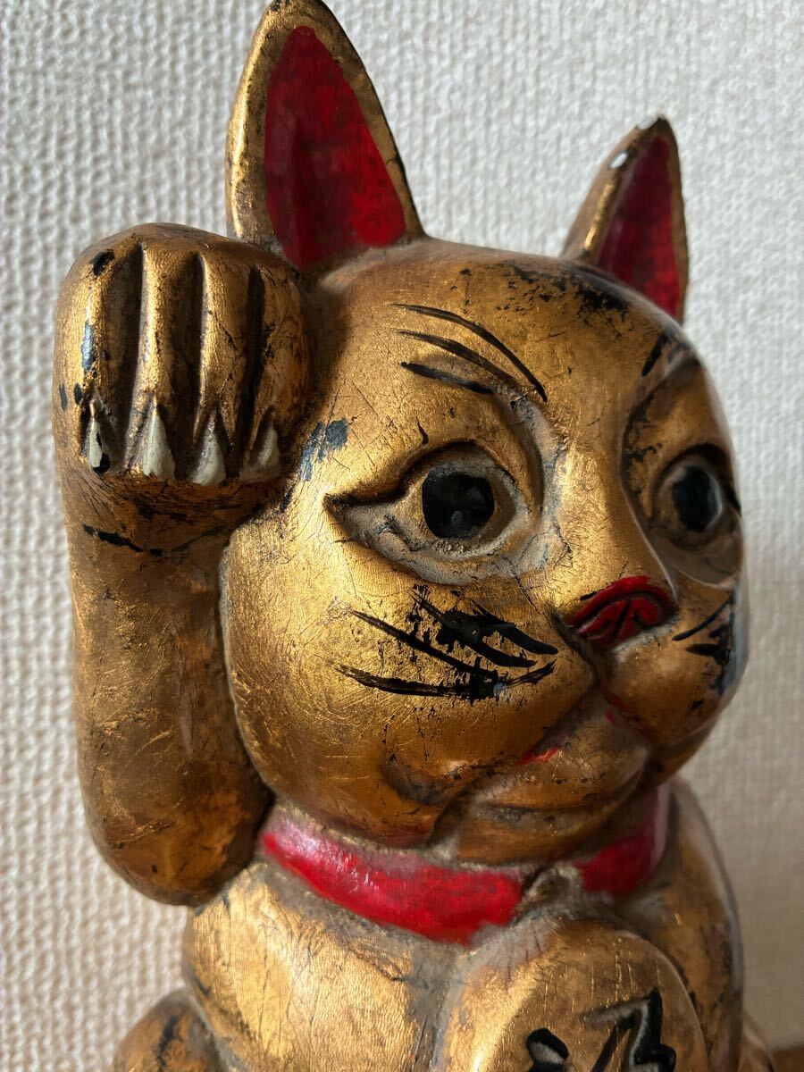 古い 木彫 漆塗り? 黄金 招き猫 置物 骨董 時代物(東洋彫刻 古い 木彫 漆塗り? 黄金 招き猫 置物 骨董 時代物(東洋彫刻