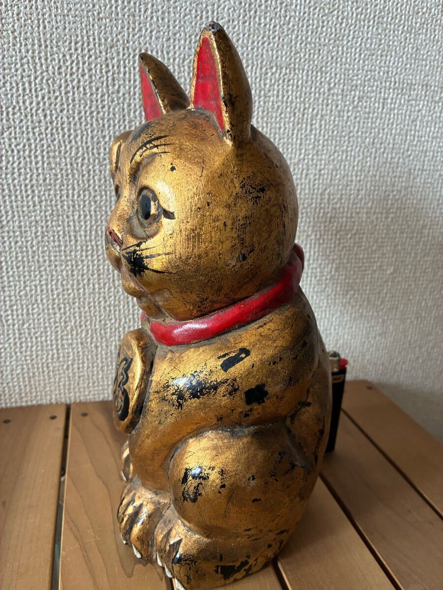古い 木彫 漆塗り? 黄金 招き猫 置物 骨董 時代物(東洋彫刻 古い 木彫 漆塗り? 黄金 招き猫 置物 骨董 時代物(東洋彫刻