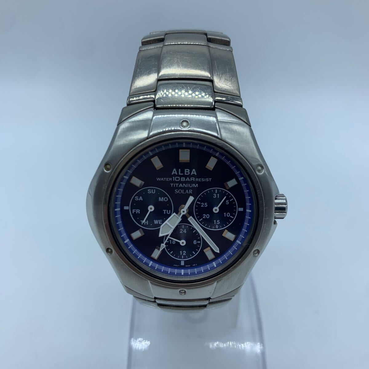 SEIKO ALBA セイコー アルバ チタン ソーラー メンズ 腕時計 V14J-0AA0 動作品 青文字盤_画像1
