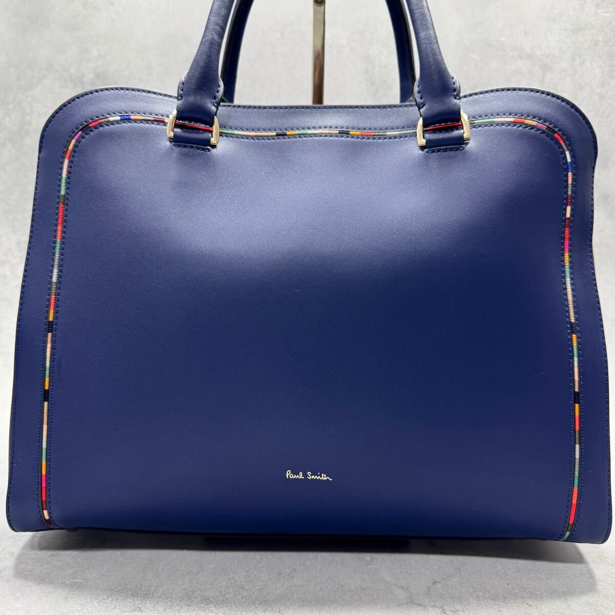未使用級/希少カラー◎ 現(xiàn)行 ポールスミス Paul Smith A4収納 メンズ ビジネス レザー 本革 トートバッグ 2way マルチストライプ ブルー 青