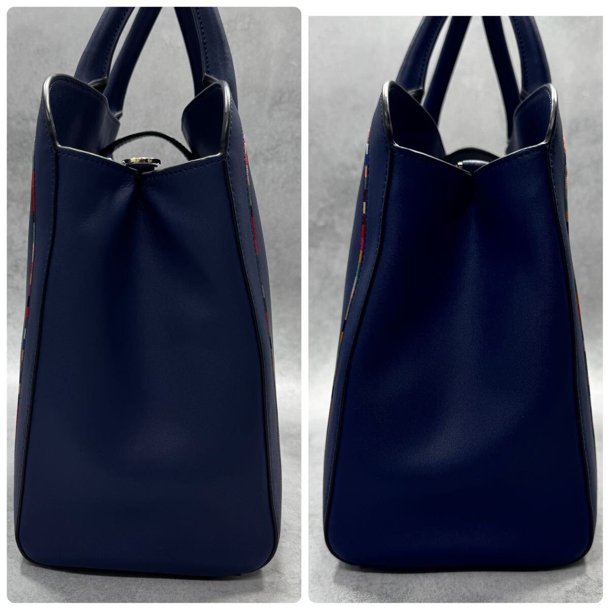 未使用級/希少カラー◎ 現(xiàn)行 ポールスミス Paul Smith A4収納 メンズ ビジネス レザー 本革 トートバッグ 2way マルチストライプ ブルー 青