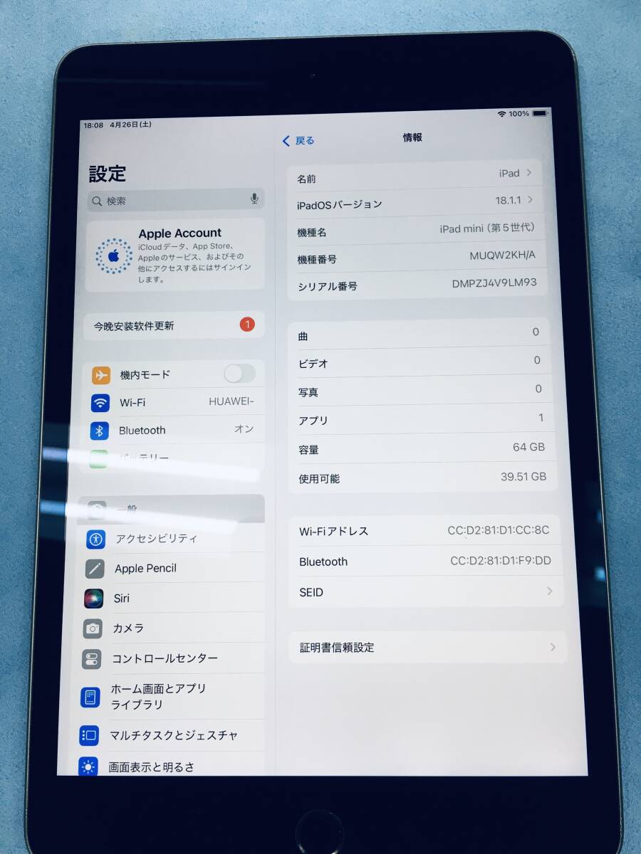 電池87% Apple iPad mini 第5世代 Wi-Fi 64GB スペースグレイ 電池87% Apple iPad mini 第5世代 Wi-Fi 64GB スペースグレイ