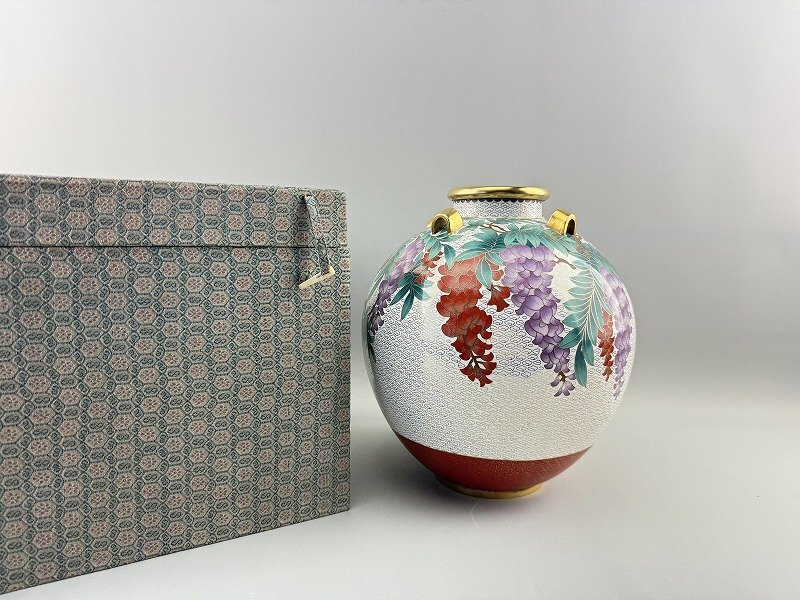 25040912七宝焼 壷 北京景泰藍款 金糸象嵌 藤花草文細工彫絵 胴 25040912七宝焼 壷 北京景泰藍款 金糸象嵌 藤花草文細工彫絵 胴