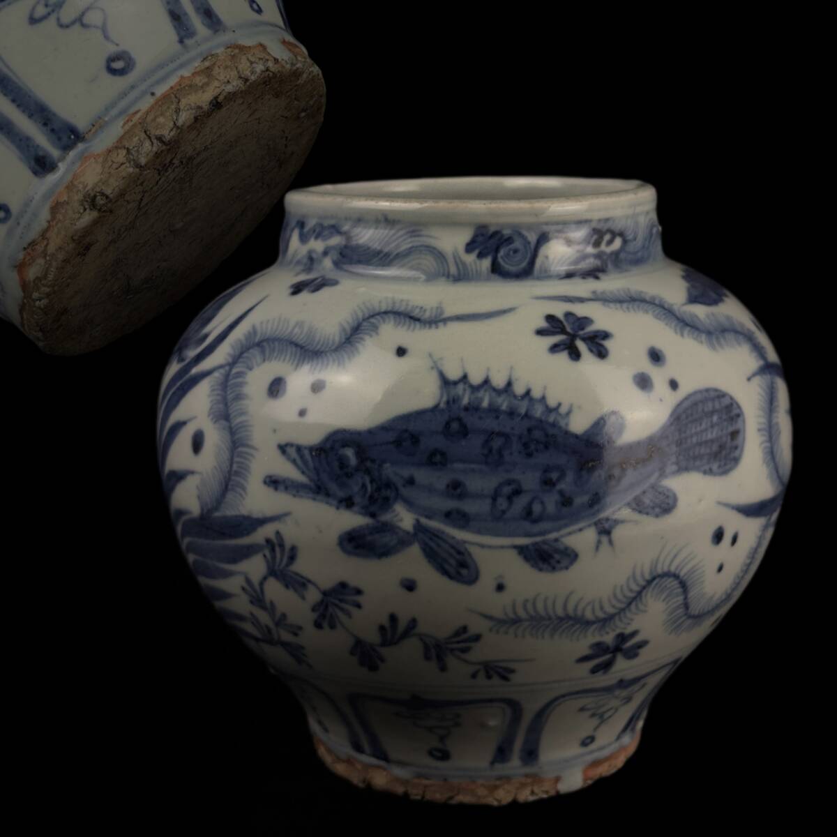 中国美術 染付壺 魚藻紋 双魚図 高さ15.5cm[検索/景徳鎮 呉須 中国美術 染付壺 魚藻紋 双魚図 高さ15.5cm[検索/景徳鎮 呉須