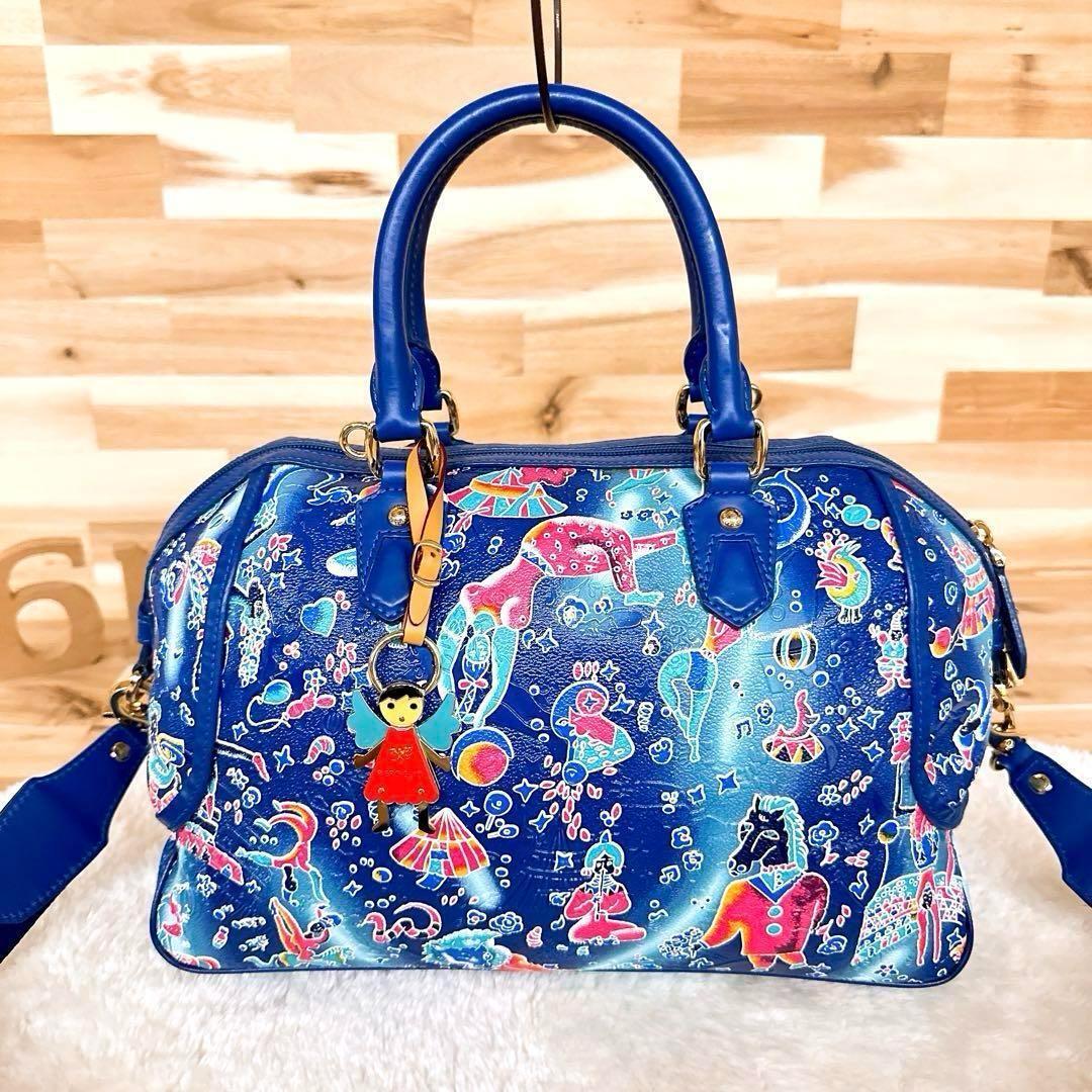 美品【ピエログイディ】2wayミニボストンバッグ ショルダーバッグ サーカス 青【HFby6PR】レディース・バッグ・春夏・秋冬【20QG】_画像2