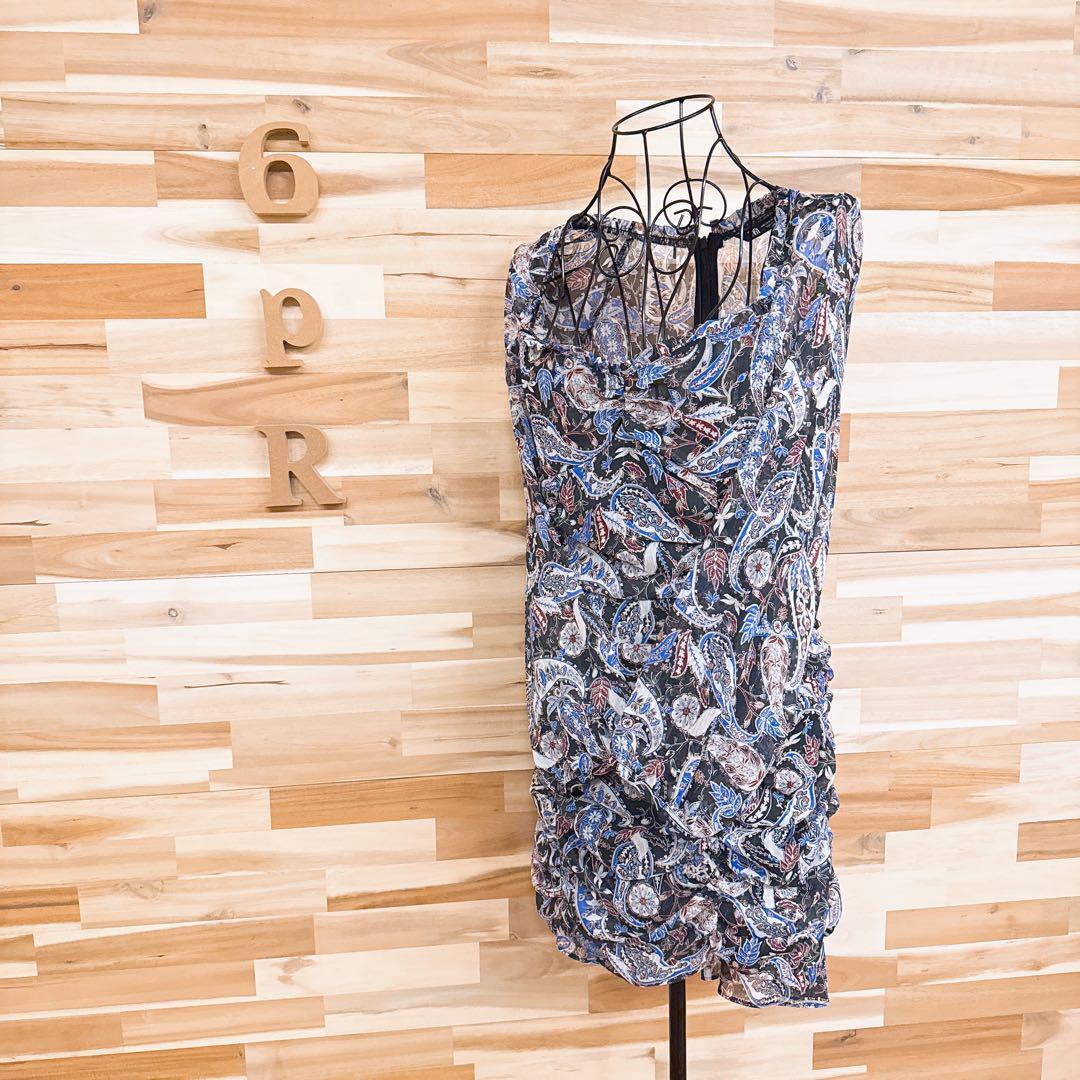 【ザラ】ラメ糸シフォン シャーリング ミニ ワンピース ペイズリー総柄 M黒×青【HFby6PR】レディース・洋服・春夏【59X9】_画像1