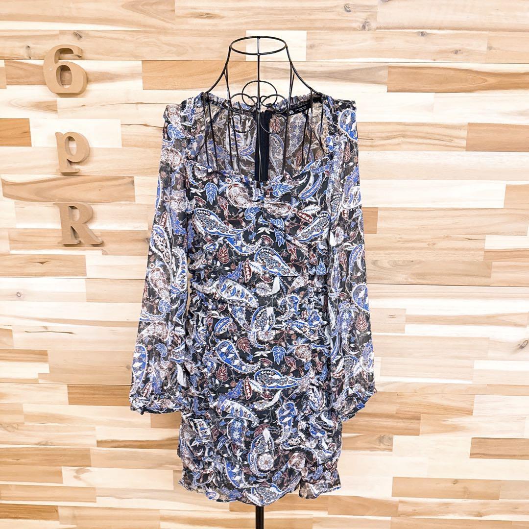 【ザラ】ラメ糸シフォン シャーリング ミニ ワンピース ペイズリー総柄 M黒×青【HFby6PR】レディース・洋服・春夏【59X9】_画像4