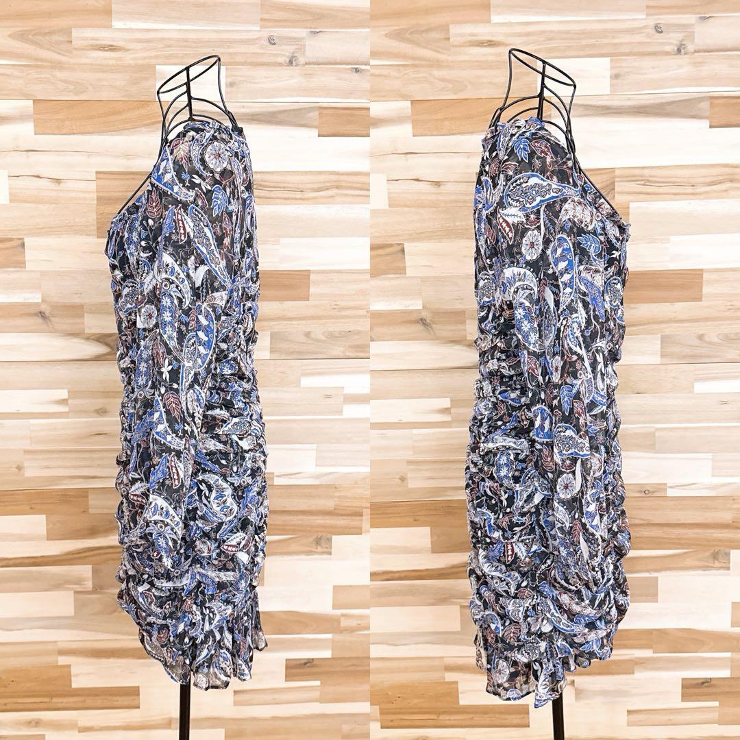 【ザラ】ラメ糸シフォン シャーリング ミニ ワンピース ペイズリー総柄 M黒×青【HFby6PR】レディース・洋服・春夏【59X9】_画像5