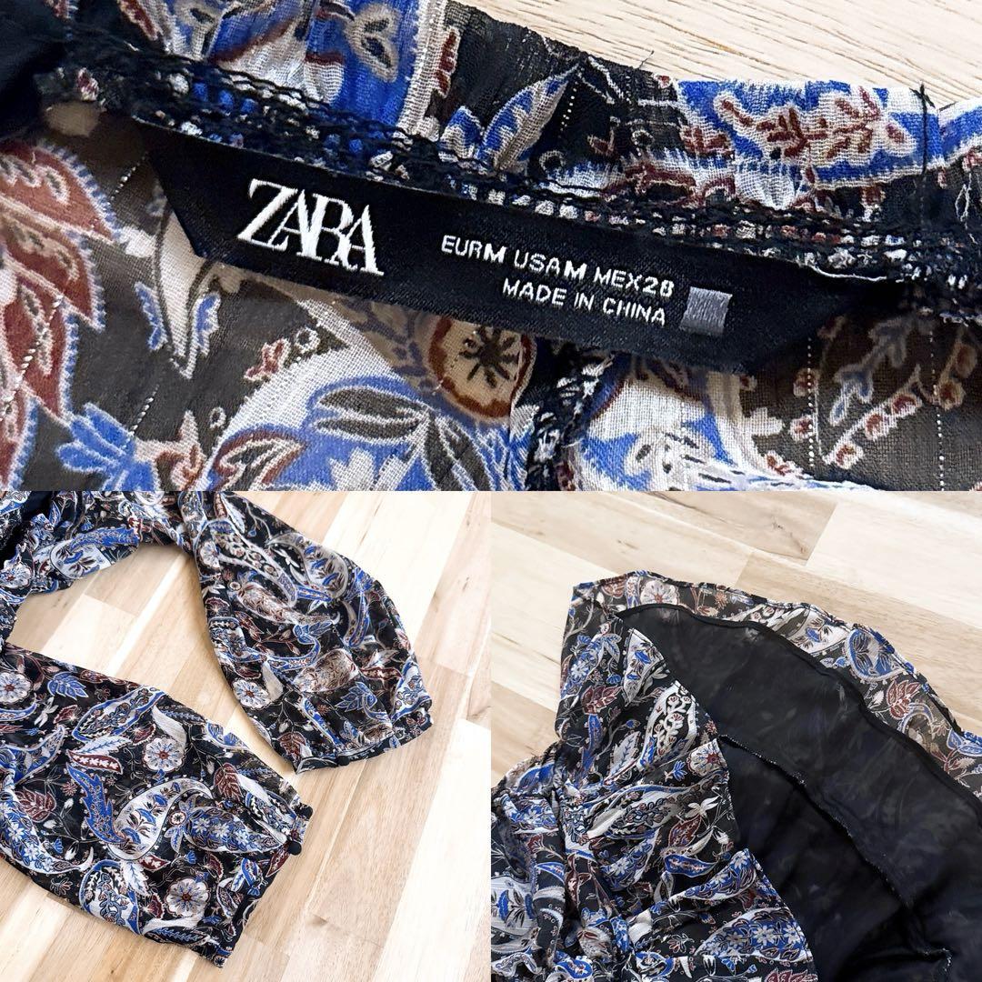 【ザラ】ラメ糸シフォン シャーリング ミニ ワンピース ペイズリー総柄 M黒×青【HFby6PR】レディース・洋服・春夏【59X9】_画像8