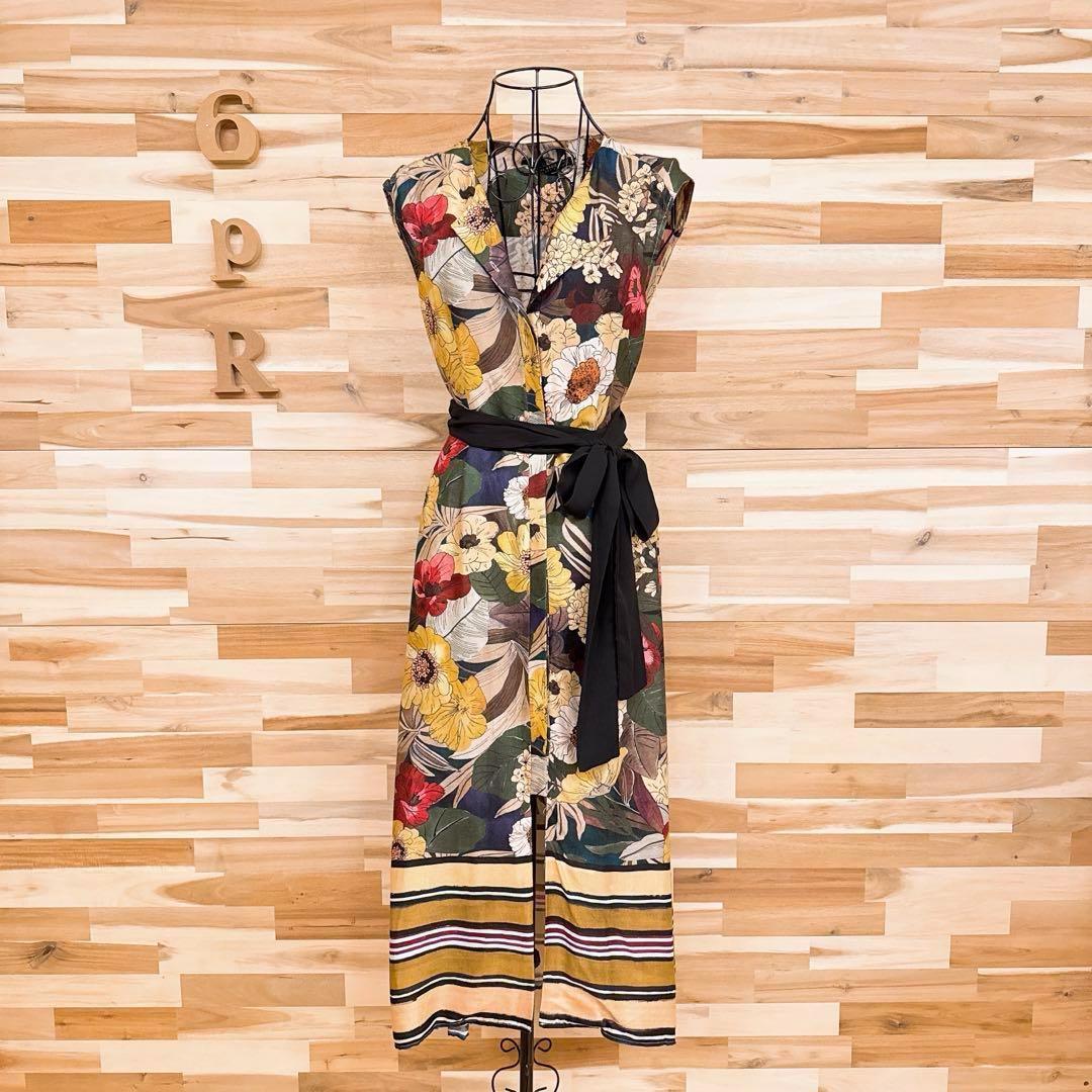 DKNY 軽やか 上品で大きな花柄 ノースリーブ シャツ ワンピース ザラ】花柄 ノースリーブ ロング シャツ ワンピース ボタニカル