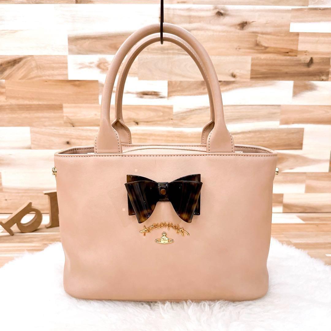 【ヴィヴィアンウエストウッド】べっ甲リボン ミニトートバッグ ピンク×ベージュ【HFby6PR】レディース・バッグ・春夏・秋冬【31W6】_画像2